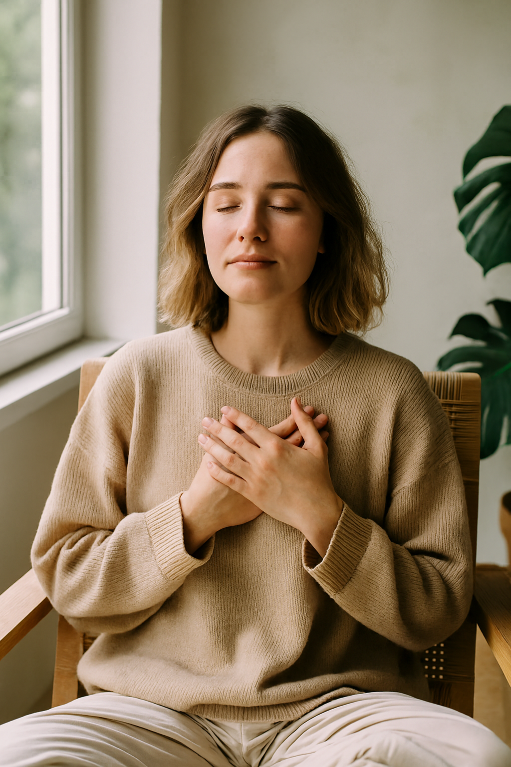 Ela mostra uma mulher em pausa de autocuidado, sentada em um ambiente natural e minimalista, com expressão serena e cercada por plantas