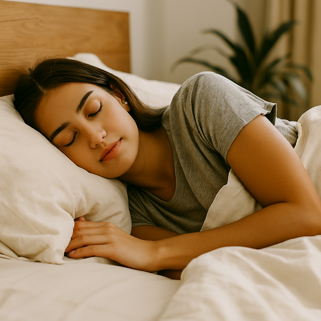 Ela retrata uma pessoa dormindo tranquilamente em um ambiente acolhedor, com expressão serena, luz suave e elementos que transmitem conforto — perfeita para ilustrar o descanso restaurador que o texto propõe.