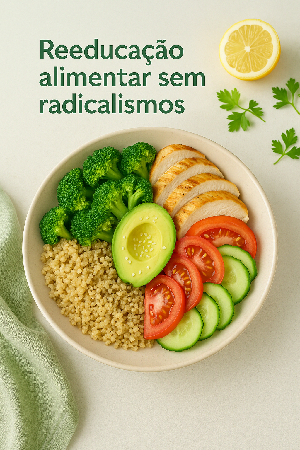 Prato colorido com alimentos naturais representando alimentação equilibrada e saudável.