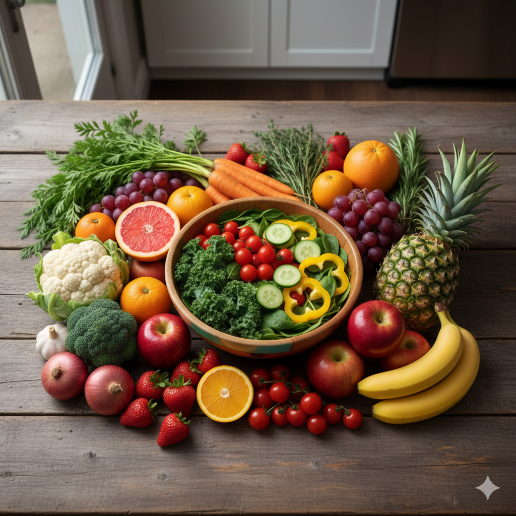 Frutas e legumes frescos em uma mesa, representando alimentação equilibrada e saudável