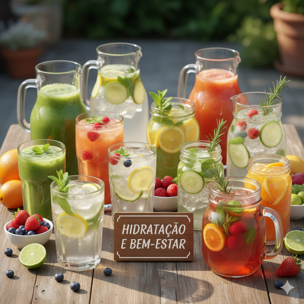 Desfrute do frescor e dos benefícios da hidratação! Esta imagem destaca a diversidade de 10 bebidas caseiras saudáveis e refrescantes, perfeitas para incorporar no seu dia a dia e manter o corpo equilibrado.