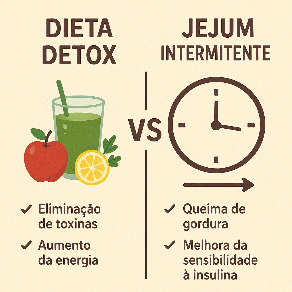 Comparação visual entre dietas detox e jejum intermitente, ilustrando os benefícios e métodos de cada abordagem de desintoxicação.