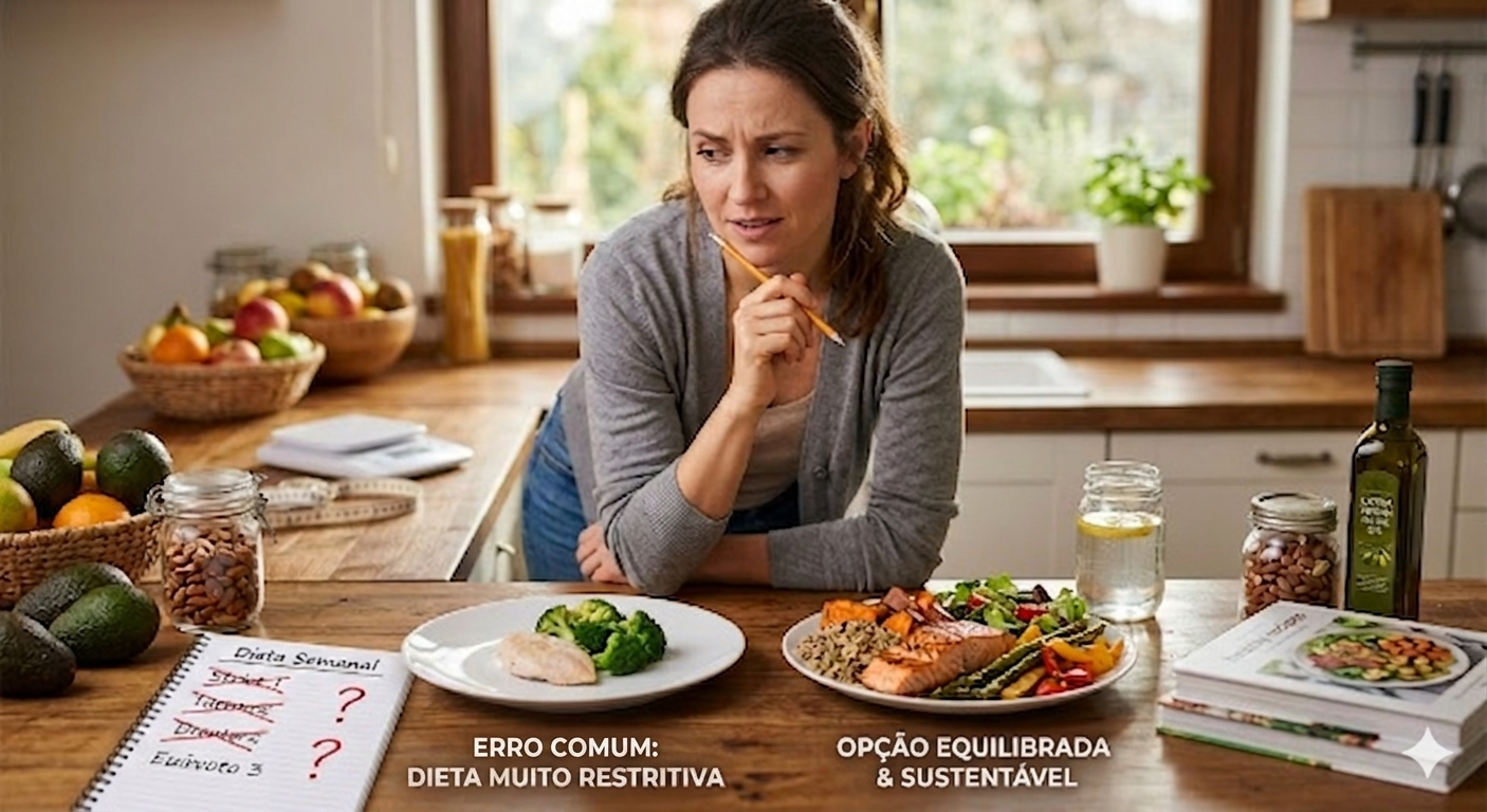 Mulher pensativa em frente a opções de alimentos saudáveis e não saudáveis, ilustrando os 5 erros comuns que sabotam a dieta e como superá-los para uma vida mais saudável.