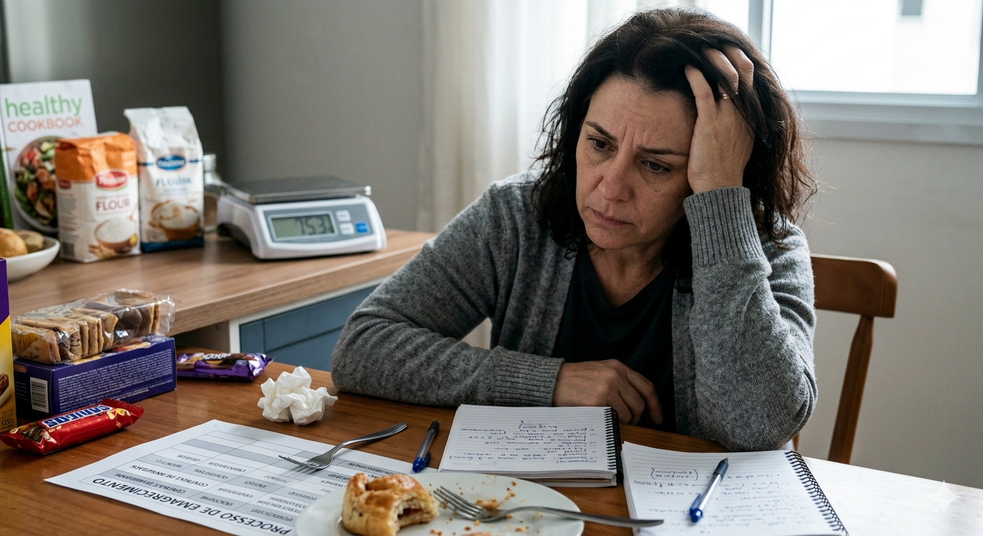 Mulher visivelmente estressada e pensativa, com elementos que remetem a alimentos e uma balança ao fundo, ilustrando como a ansiedade e o estresse afetam o processo de emagrecimento e sabotam a perda de peso.