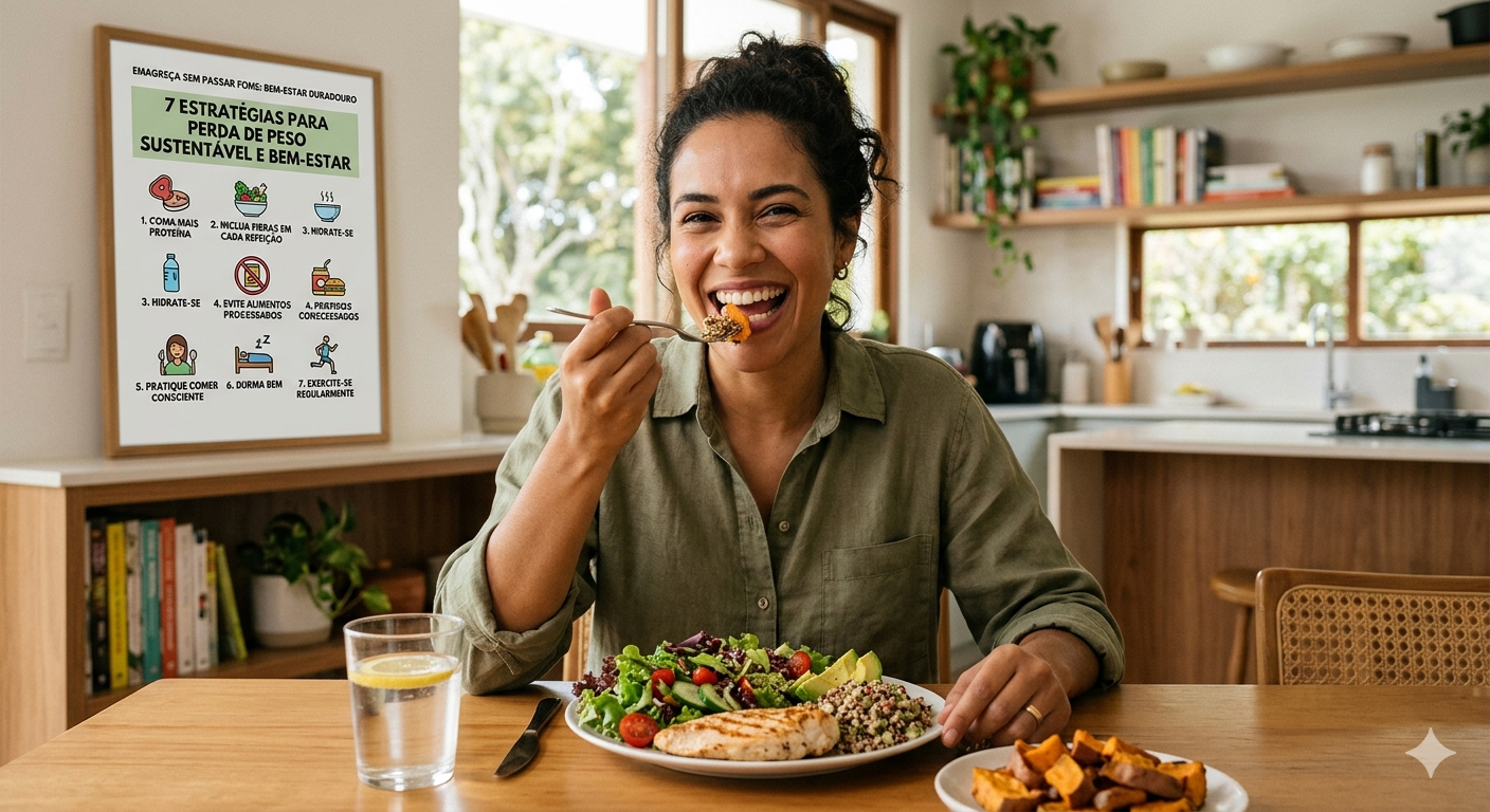 Mulher sorridente desfrutando de refeição saudável e equilibrada, simbolizando como emagrecer sem passar fome com 7 estratégias comprovadas para um bem-estar duradouro e perda de peso sustentável.