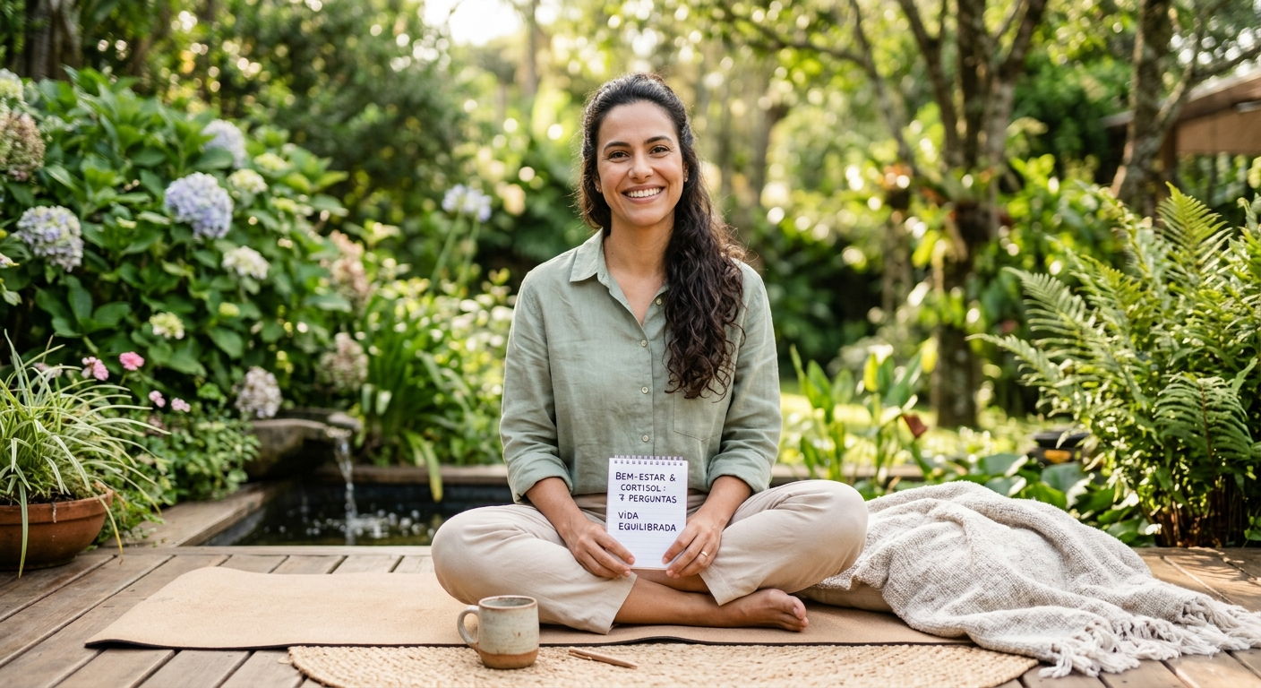 Pessoa em postura relaxada ou meditando, representando o bem-estar e o equilíbrio para gerenciar o cortisol, o hormônio do estresse, e promover a saúde mental e física.