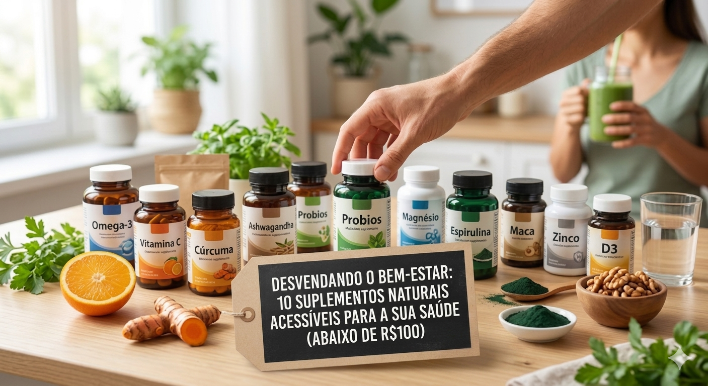 Imagem apresentando uma seleção visualmente agradável de 10 suplementos naturais acessíveis, como vitaminas, minerais e extratos de plantas, dispostos de forma organizada para simbolizar o bem-estar e a saúde a um custo abaixo de R$100.