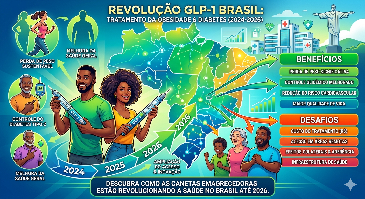 Canetas injetáveis de GLP-1 para emagrecimento, representando a transformação do mercado de saúde no Brasil até 2026, com foco na tecnologia e inovação no tratamento da obesidade.