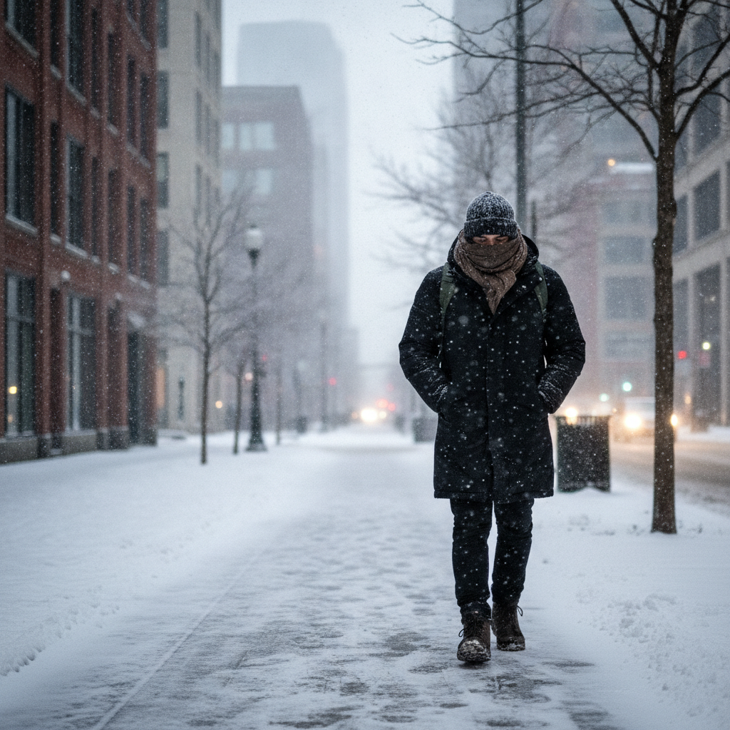 Homem caminhando no frio na cidade