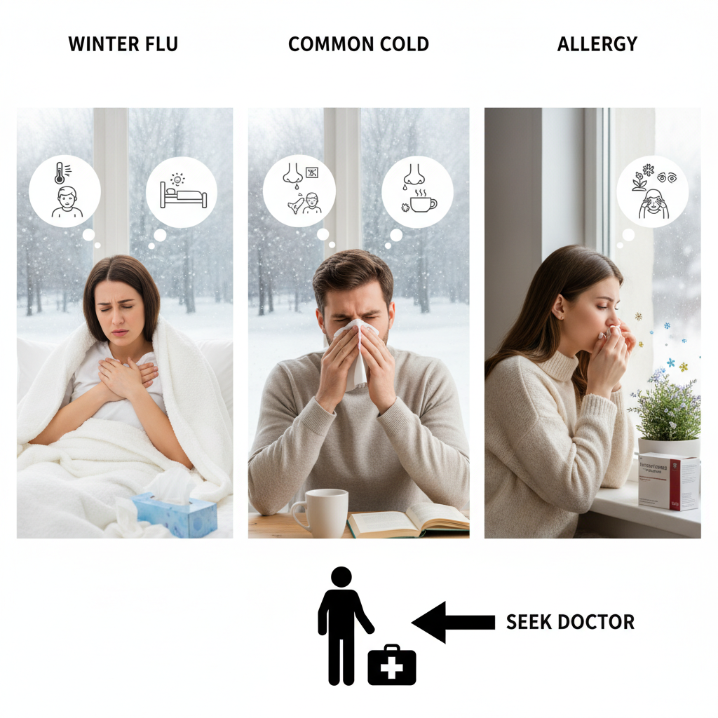 Imagem ilustrativa mostrando diferenças entre gripe, resfriado e alergia no inverno, destacando como identificar o caso adequado para procurar um médico.