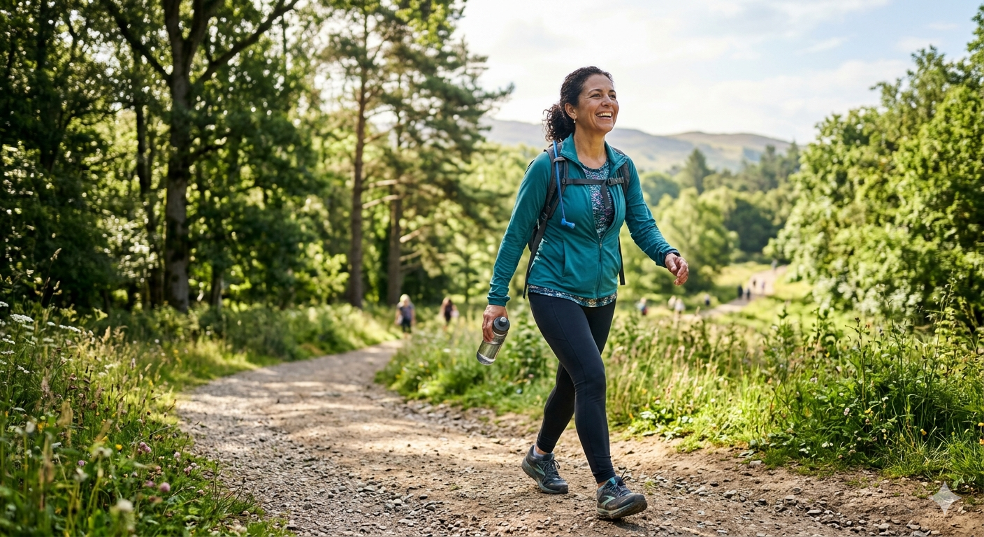 Mulher sorridente caminhando ao ar livre, sentindo os poderosos benefícios da caminhada diária para transformar a saúde de pessoas sedentárias. Ela exibe vitalidade e bem-estar em um ambiente natural, simbolizando a jornada de um guia completo para sair do sedentarismo e adotar uma vida ativa.